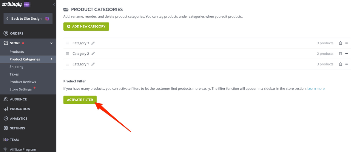 Product filter setup panel used to narrow product browsing in a Strikingly store