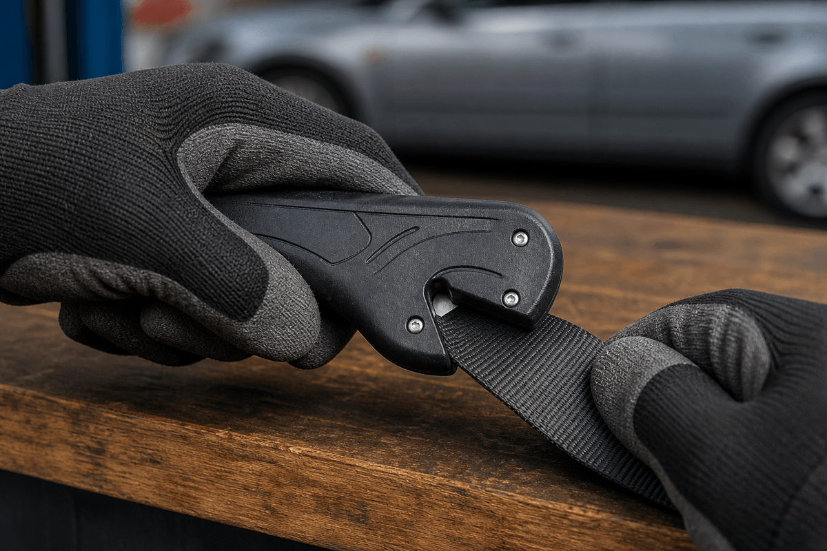 Seat belt cutter demonstration on a loose sample strap in a garage