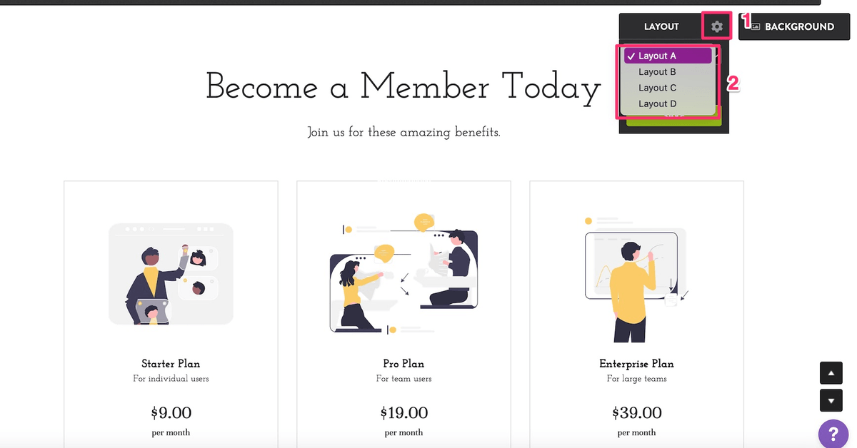 Strikingly pricing table comparing three service plans