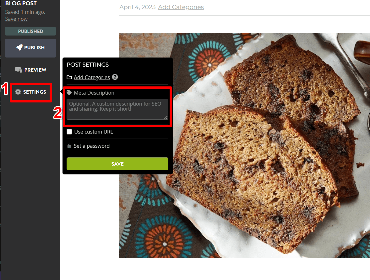 Strikingly blog post settings with the meta description field highlighted