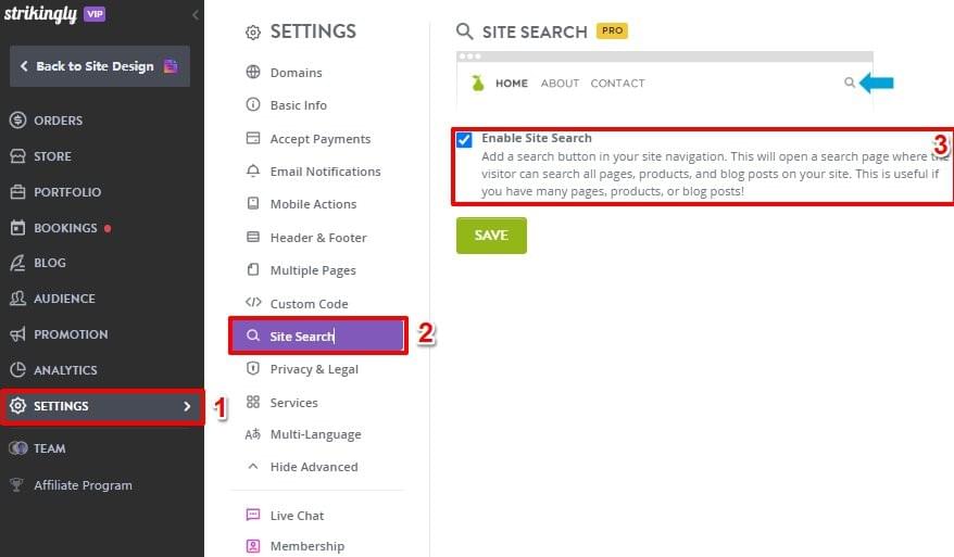 Strikingly site search example helping visitors discover relevant content