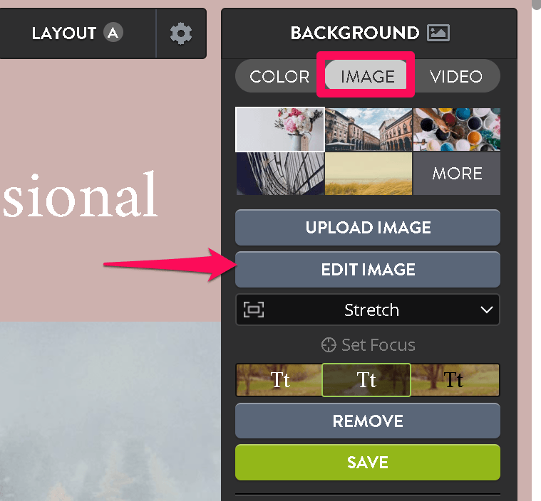 Strikingly background image editor used to refine composition and focal placement