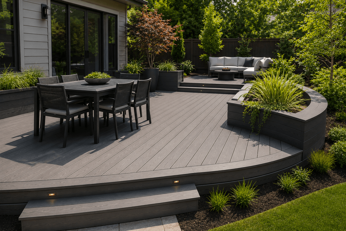 Finished bamboo-style deck used as a clean outdoor lounge area
