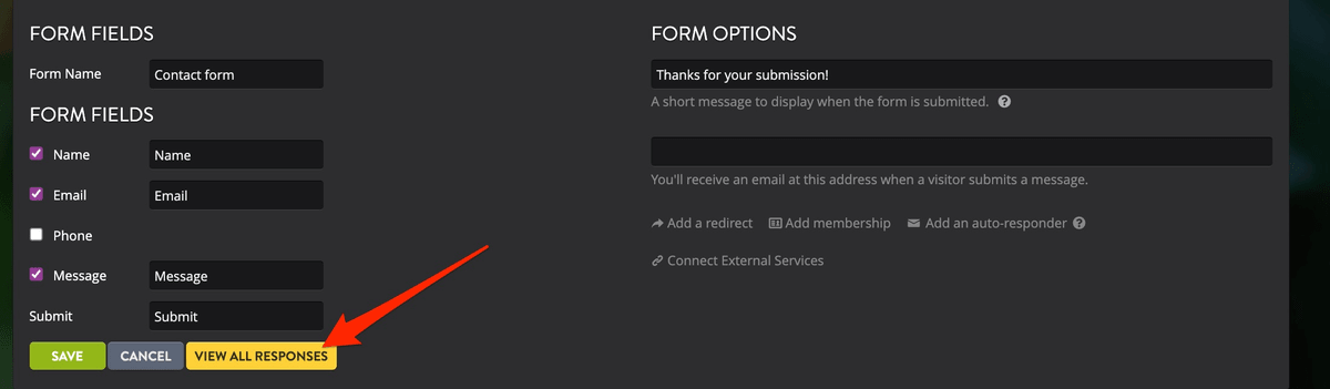 Strikingly contact form options with a button for viewing all responses