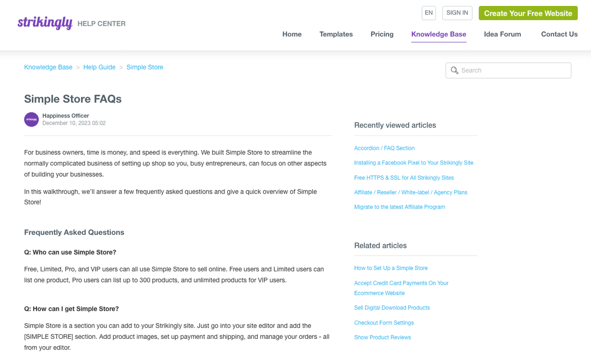 Strikingly Simple Store FAQ with search, related articles, and grouped answers