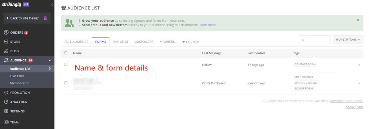 Audience forms list used to compare completed visitor actions after a usability improvement
