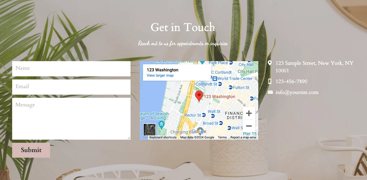 Strikingly contact section combining a service location map with address, phone, and email details