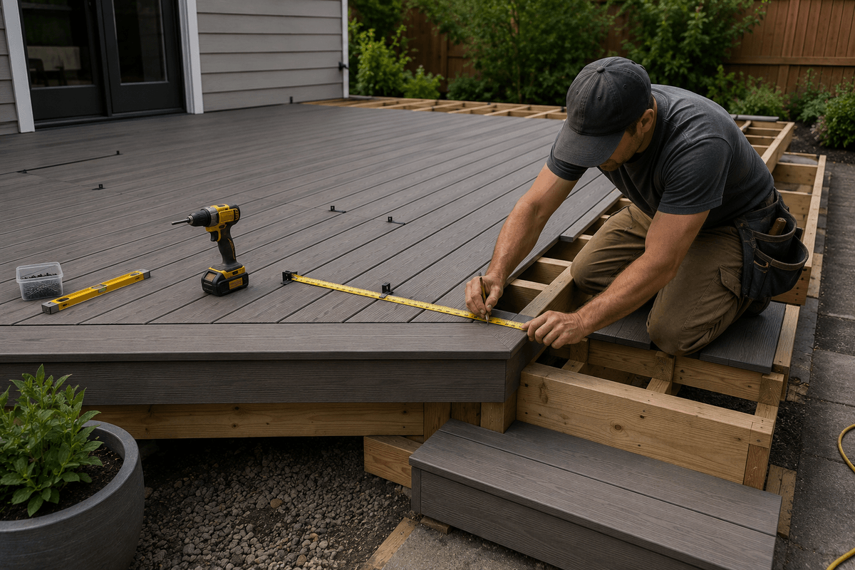 Decking boards being measured for layout and material planning