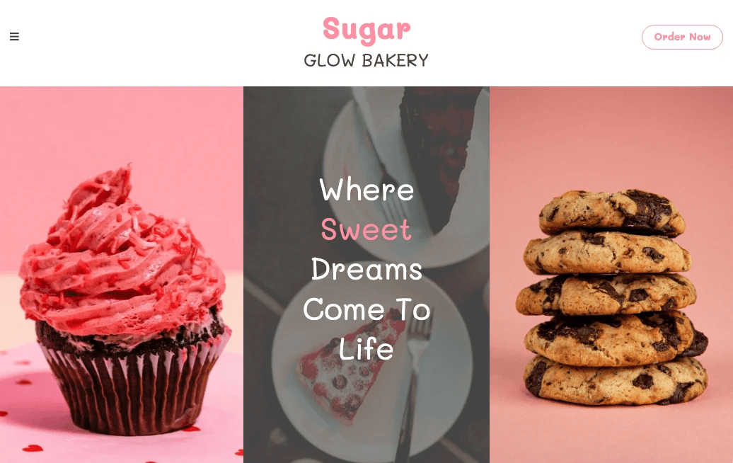 Sugar Glow Bakery website using distinct product photographs in a coordinated visual layout