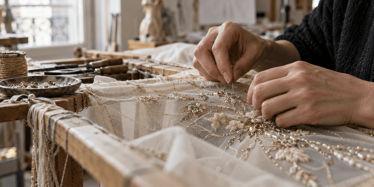 Mains travaillant une broderie de haute couture sur tulle