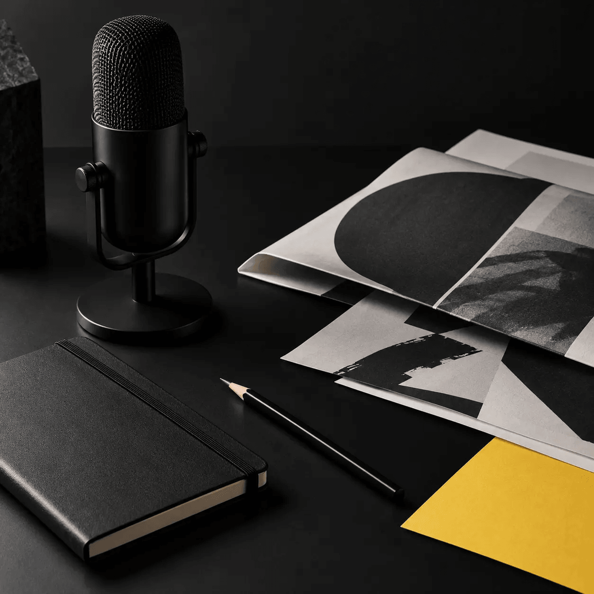 Microphone, carnet et épreuves imprimées dans un studio éditorial