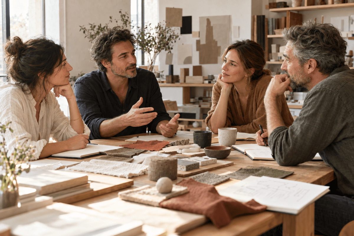 Illustration générée par IA : échange entre entrepreneurs autour d’une table de travail