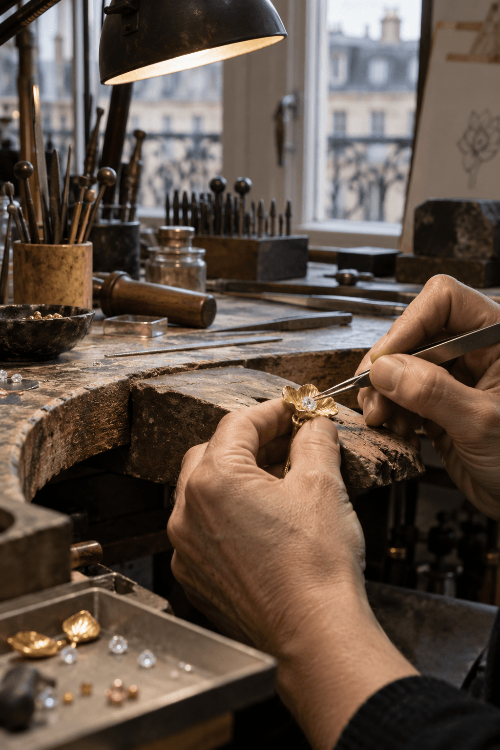 Mains d'un artisan joaillier travaillant une pièce à l'établi