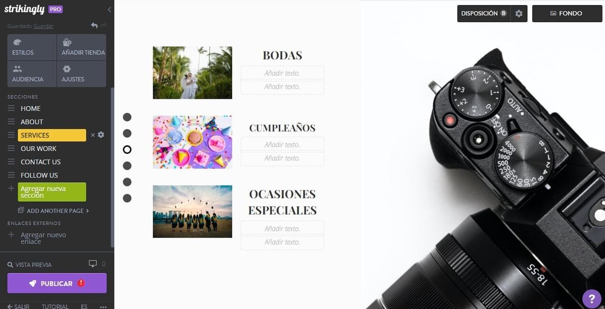 Agregar nueva sección Strikingly