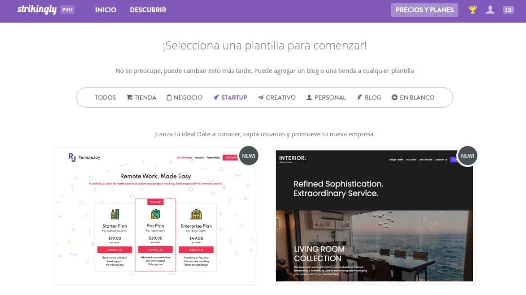 plantillas de Strikingly