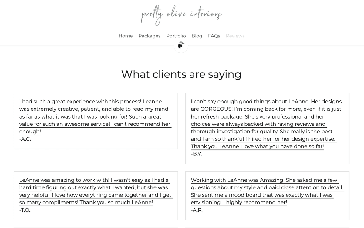 Pretty Olive -verkkosivuston sosiaalinen todistesivu