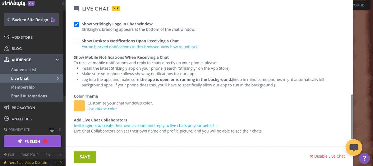 Trang web trò chuyện trực tiếp xây dựng thương hiệu trên Strikingly