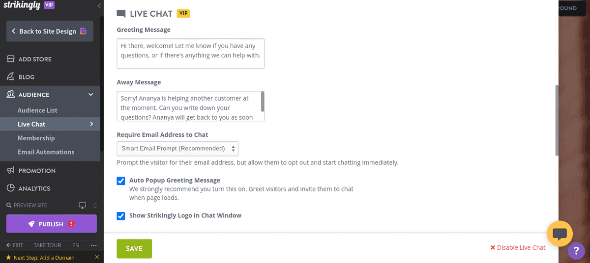 Cài đặt tùy chỉnh cho trò chuyện trực tiếp trên trang web trên Strikingly