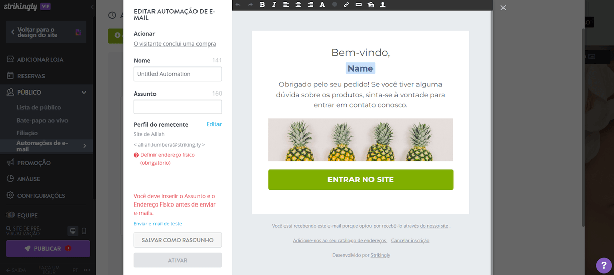 Marca personalizada em e-mail transacional Strikingly
