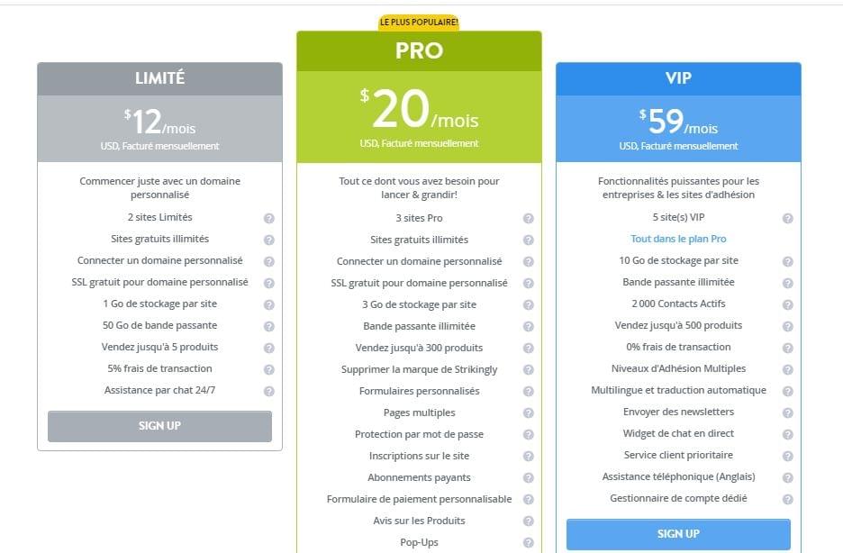 Tarifs d'hébergement web sur Strikingly