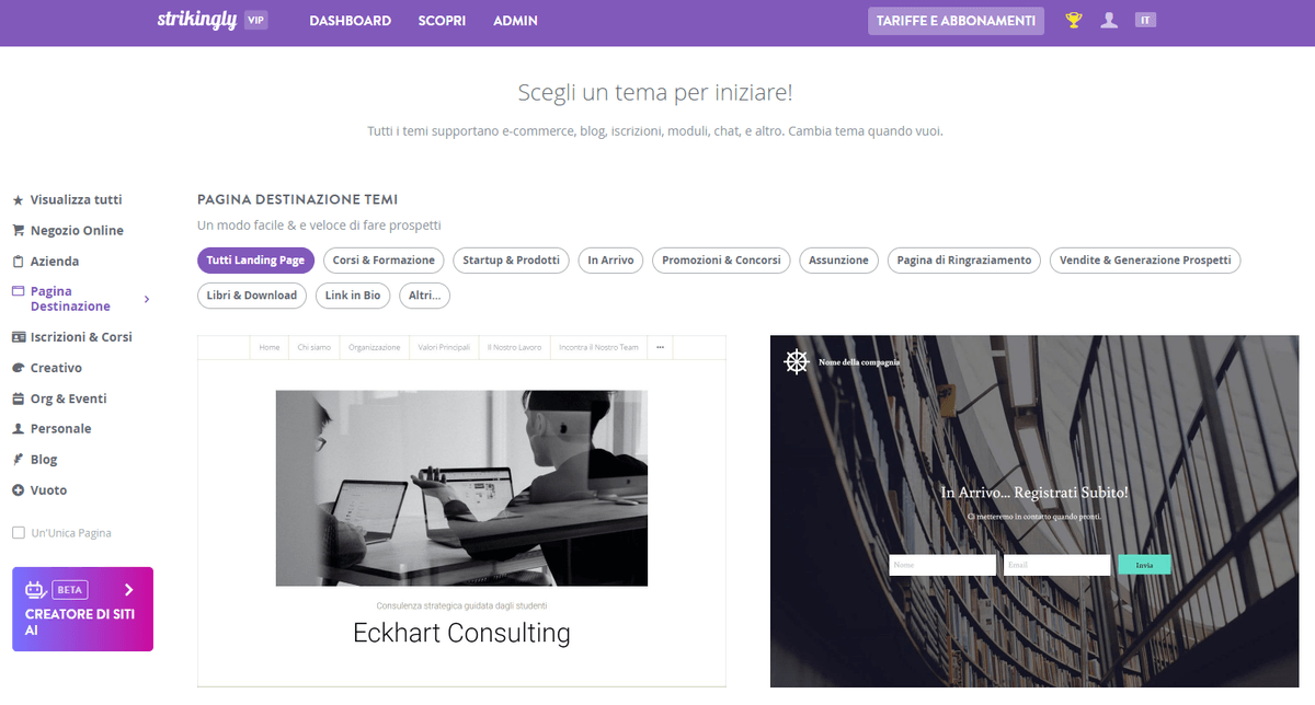 Modelli di landing page di Strikingly