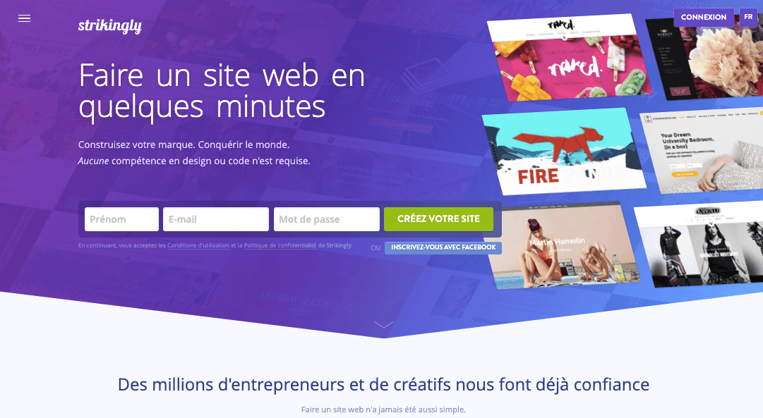 Page de destination Strikingly avec bouton Call to Action