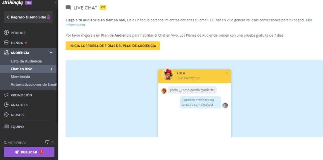 Chat en vivo de Strikingly