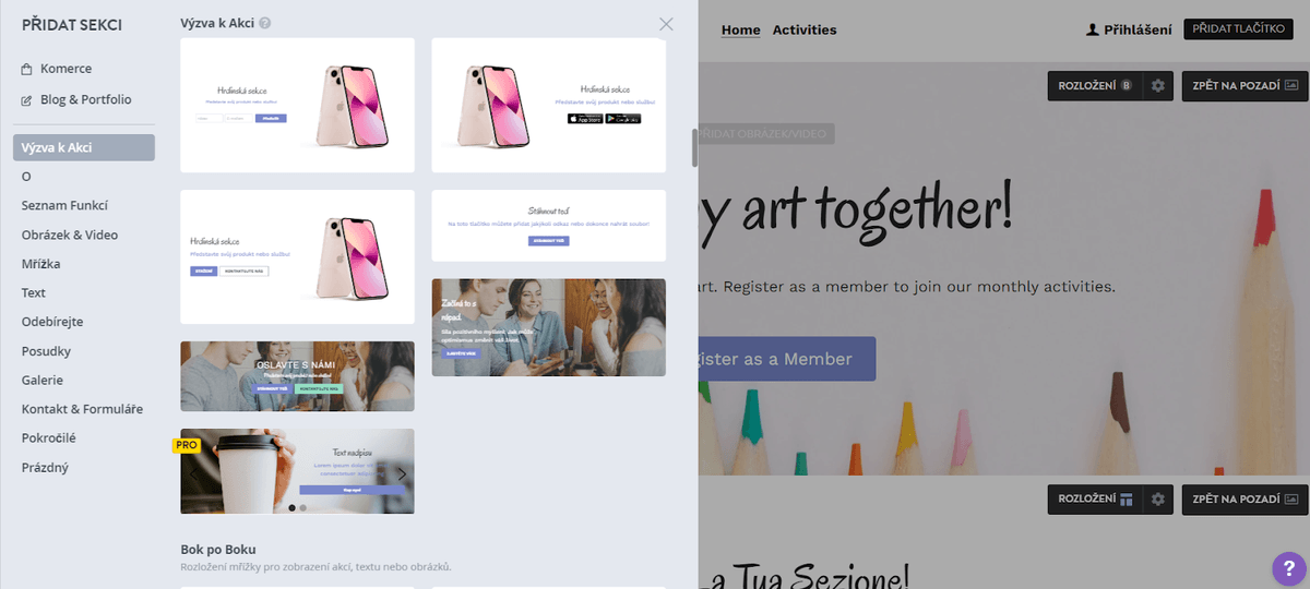 Kreativní nápady na webové stránky – nápadně umožňuje přidávat tlačítka s výzvou k akci, formuláře pro přihlášení k e-mailu a tlačítka sledování sociálních sítí