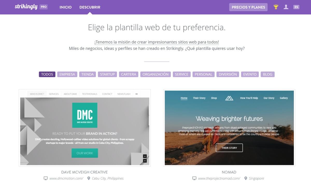 las plantillas de Strikingly