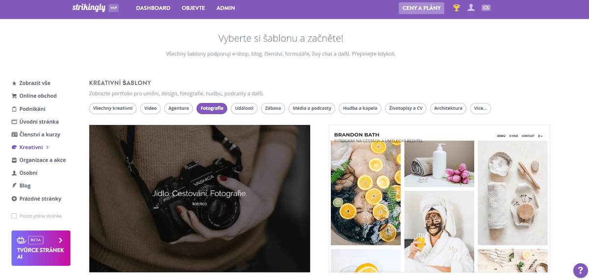 Nápadně stránka pro výběr šablony