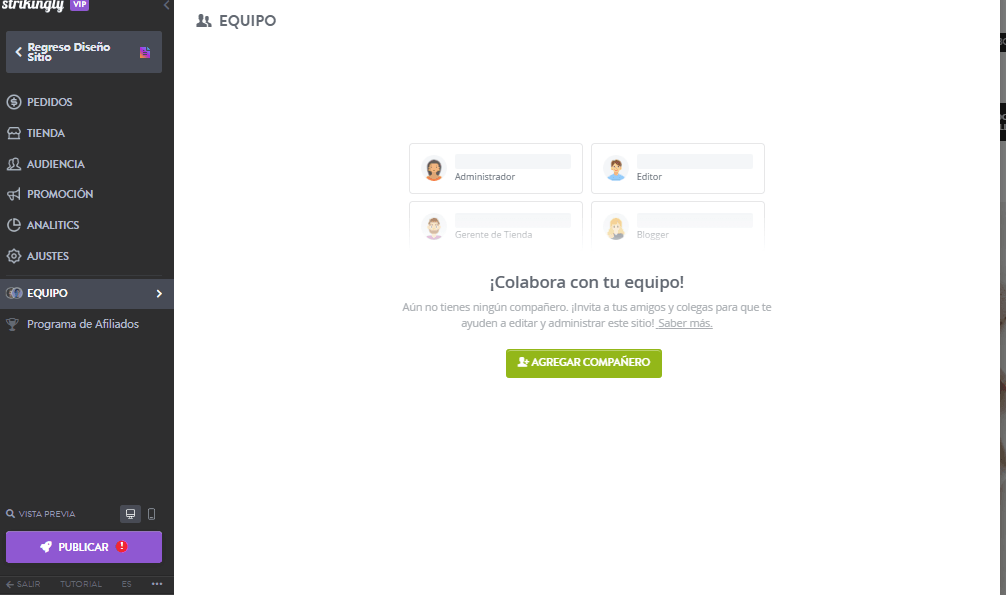 Función de Colaboración en Equipo de Strikingly