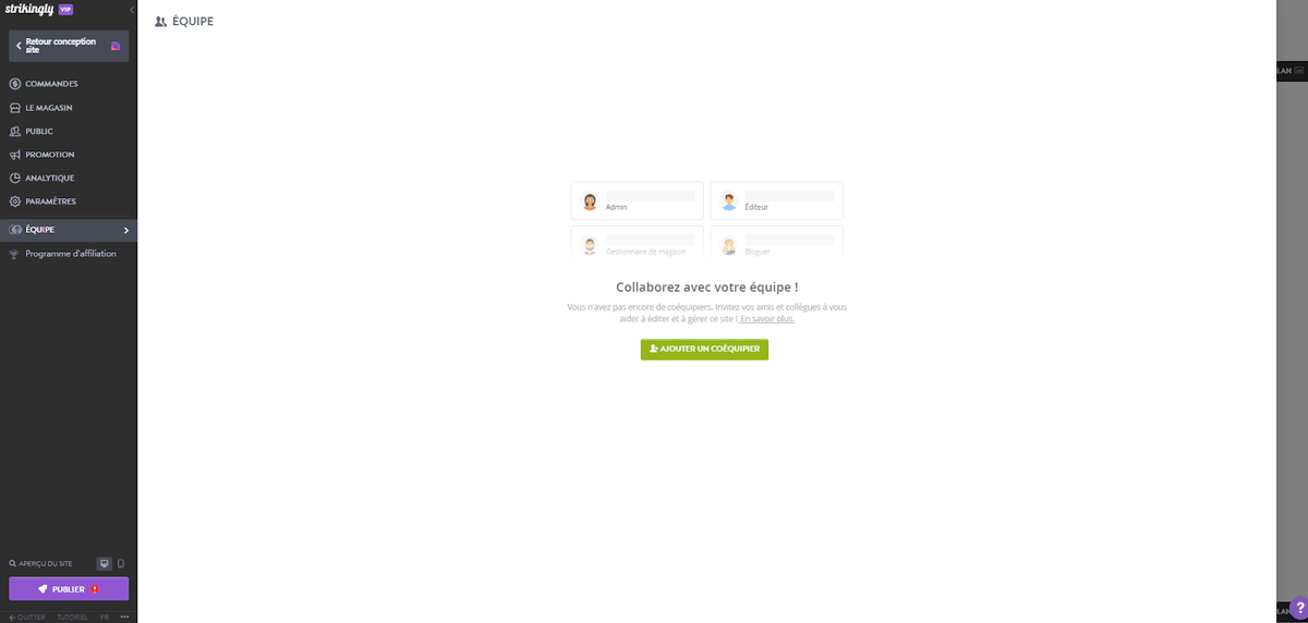 Fonctionnalité de Collaboration en Équipe de Strikingly