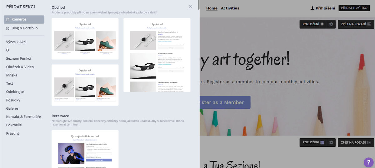 Kreativní nápady na webové stránky – přetažením můžete použít předem navržené bloky obsahu