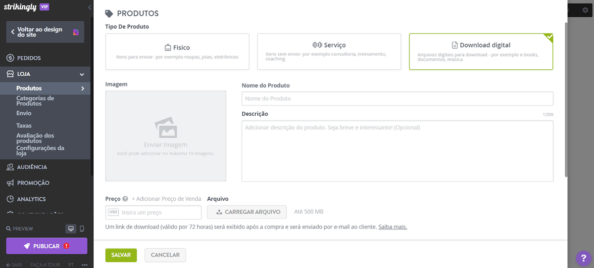 Configurar loja online com Strikingly