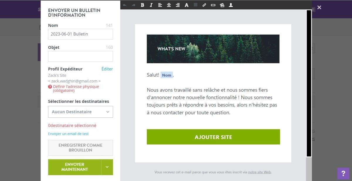 Tableau de Bord Newsletter de Strikingly