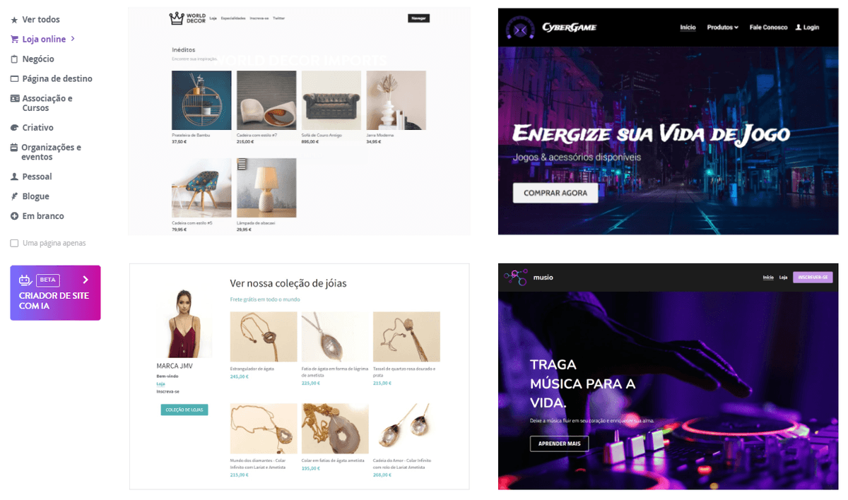 Modelo de página de loja virtual Strikingly