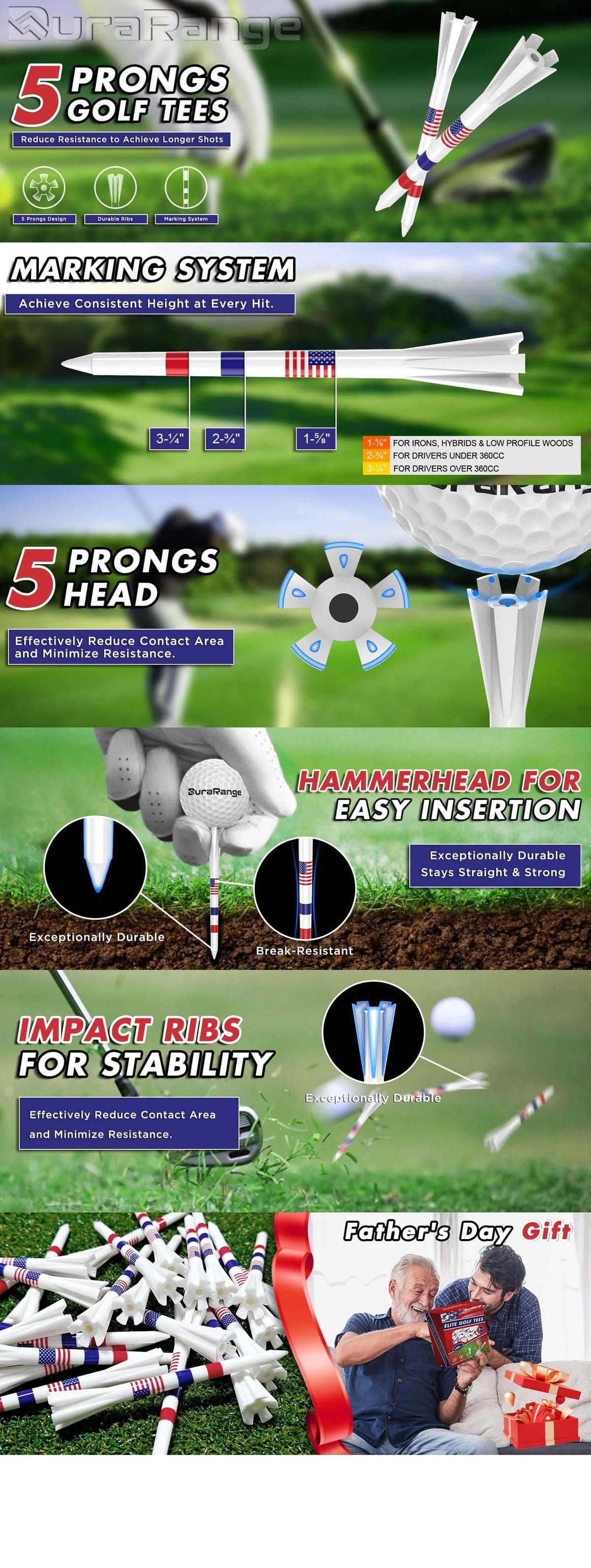 Premium Golf Tees - 5-Prong & 4-Prong Anti-Slip, Enhanced Stability, Unbreakable Golf T 3-1/4