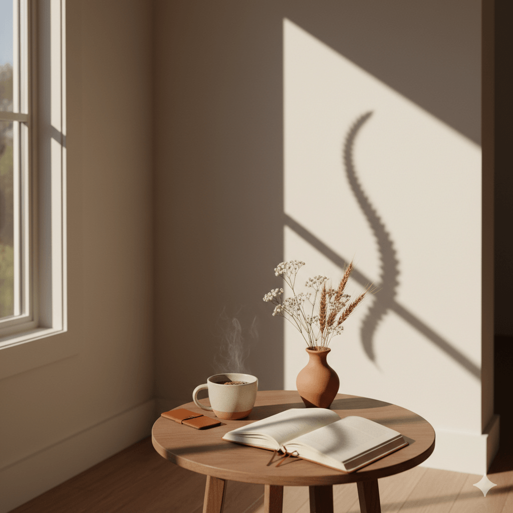 Warm minimalist photo of a cozy morning scene with tea, flowers, and journal on a sunlit table — symbolizing calm and awareness for World Osteoporosis Day.