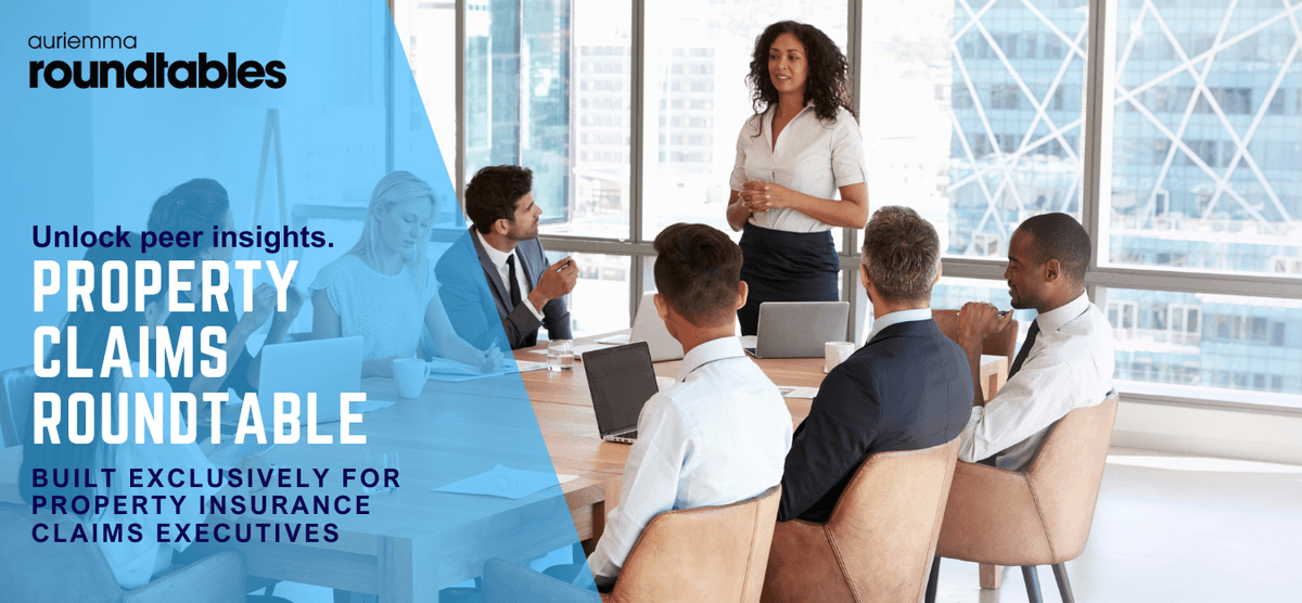 "Auriemma Roundtables. Unlock peer insights. Claims Optimization Roundtable. Built exclusively for P&C claims executives." Pictured is a conference table with workers in discussion.