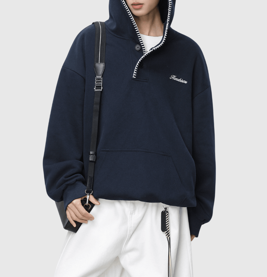 日系帽簷撞色縫線設計 半開領鈕扣連帽衛衣 [SBH-1344]