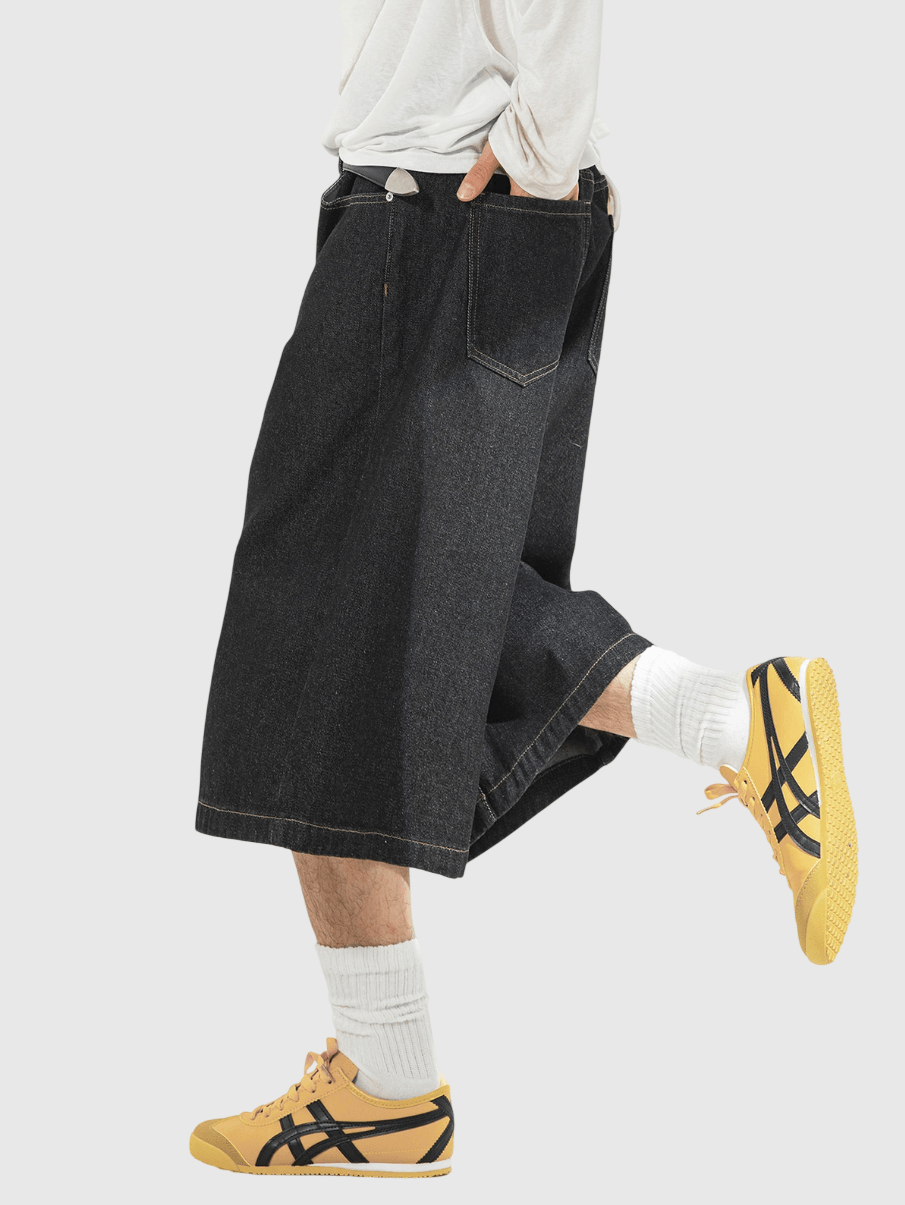 日系基礎明輯縫紉線設計 闊腳七分牛仔短褲 [SBST-1149]