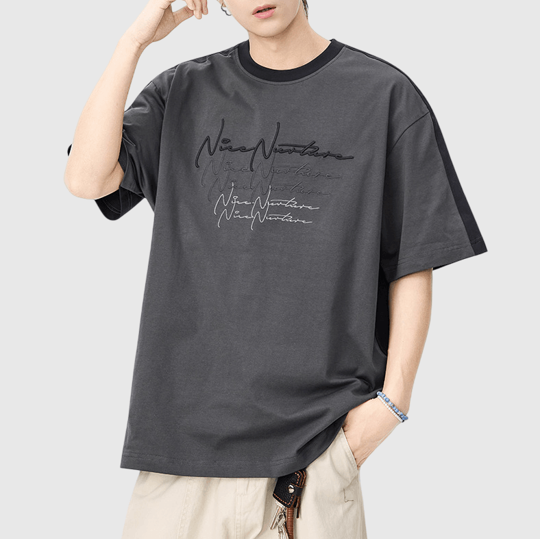 色系層次線條潦草文字刺繡設計 短袖 T-Shirt [SBT-1564]