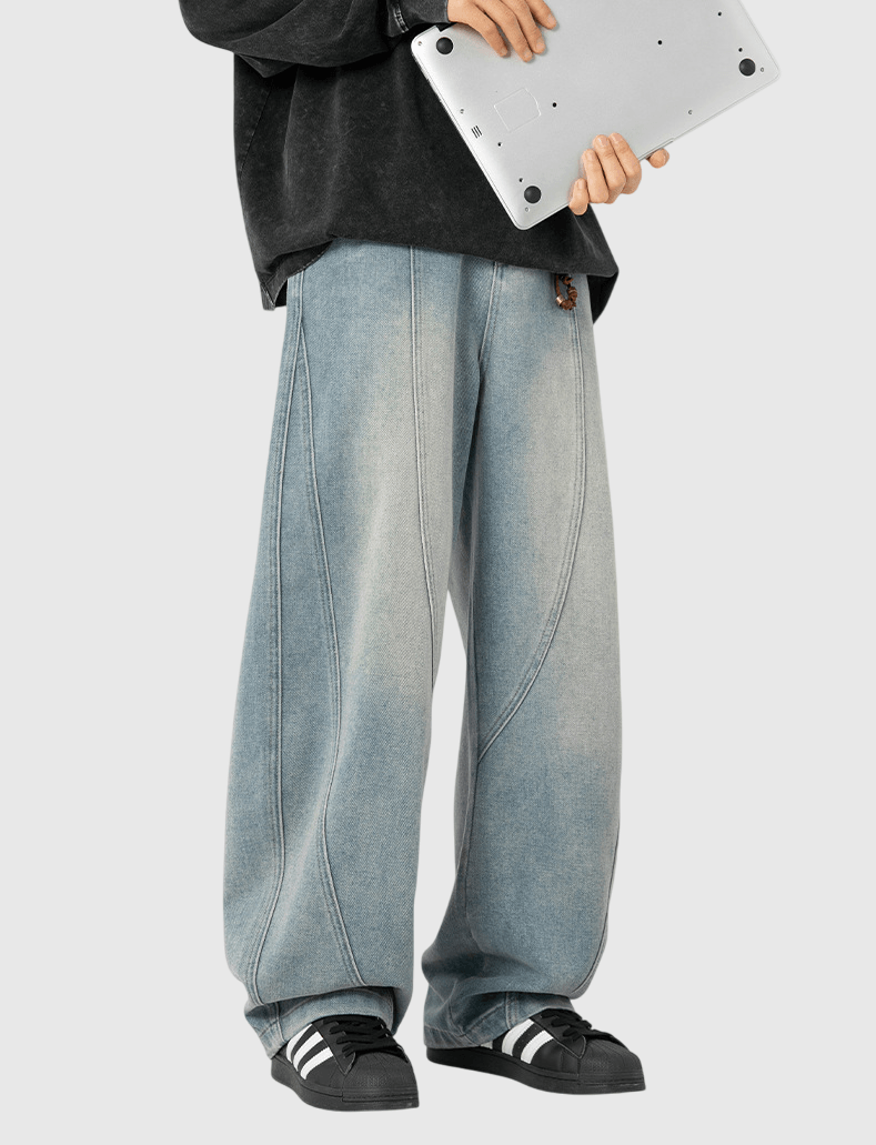 復古洗水立體縫線設計 闊腳牛仔直筒長褲 [SBP-1189]