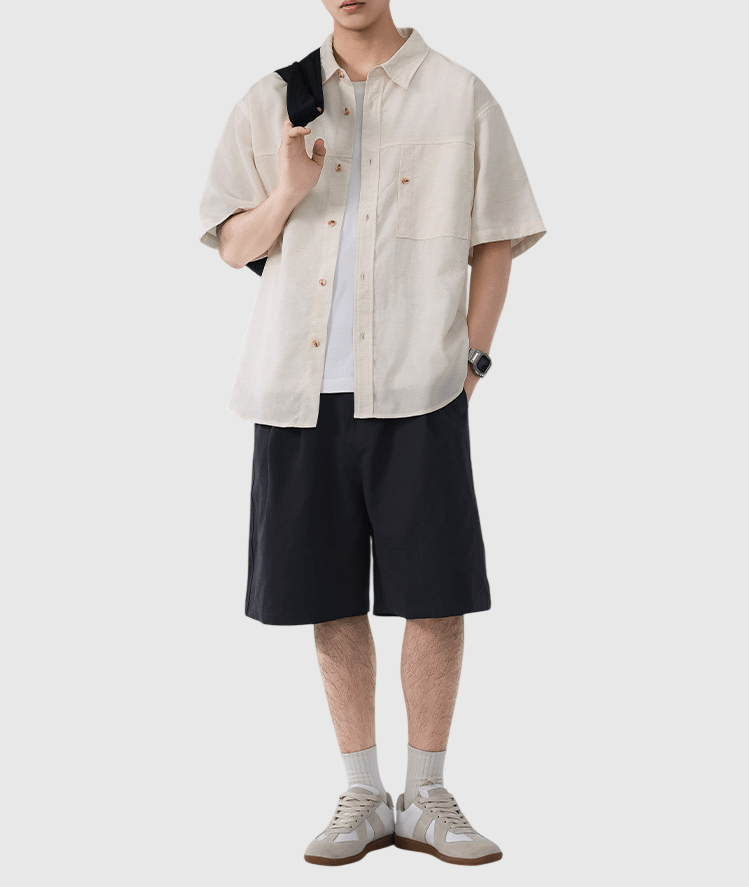 日系層次鈕扣前袋設計 透氣短袖恤衫 [SBS-1405]
