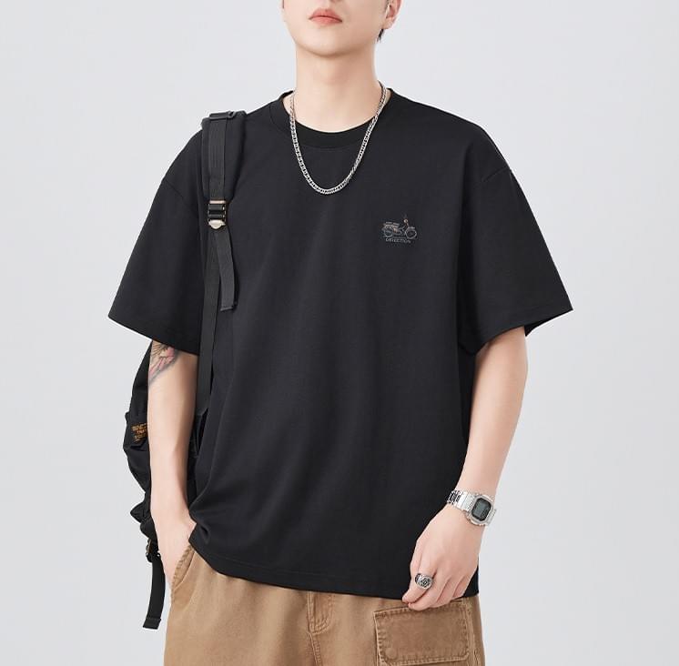 復古電單車細圖案刺繡 純棉短袖 T-Shirt [SBT-1430]