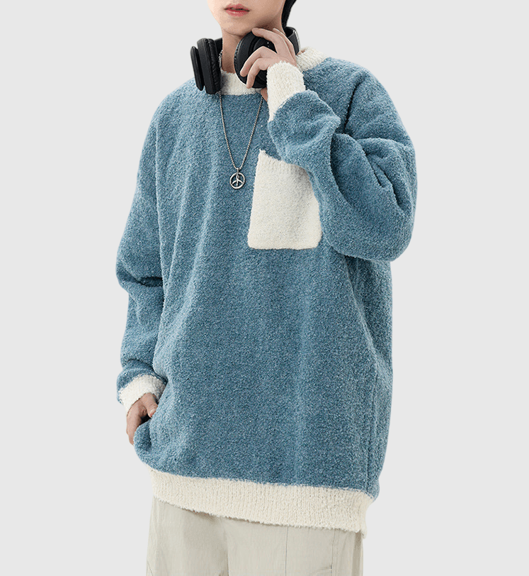 色系撞色絨毛織布設計 圓領針織冷衫 [CBK-1041]