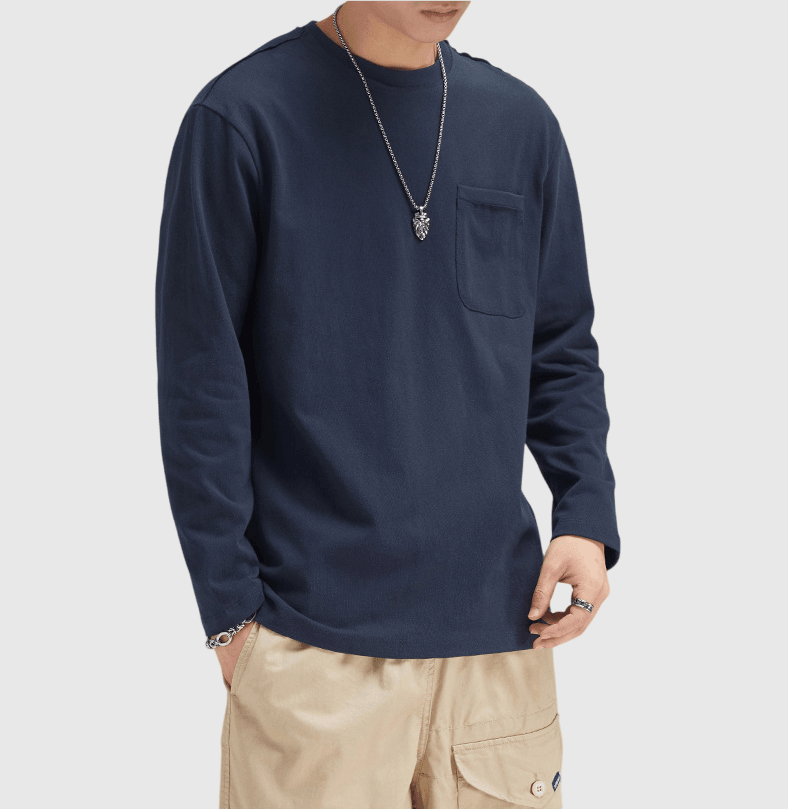 復古水洗純色前袋立體肩線 純棉微鬆長袖 T-Shirt [SBT-1027]