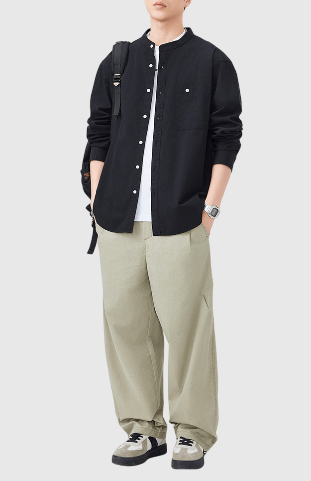 日系不規則鈕扣前袋 純棉長袖恤衫 [SBS-1371]