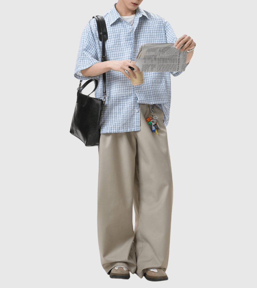 日系基礎細格仔皺褶紋理工藝 透氣短袖恤衫 [SBS-1394]