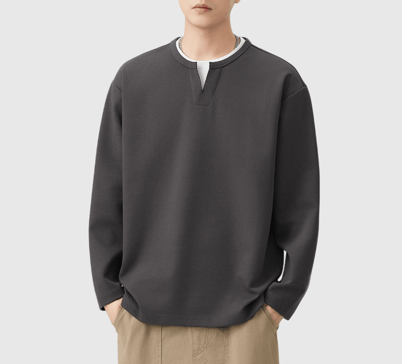 日系層次假兩件式設計 V 領重磅長袖 T-Shirt [SBT-1453] 